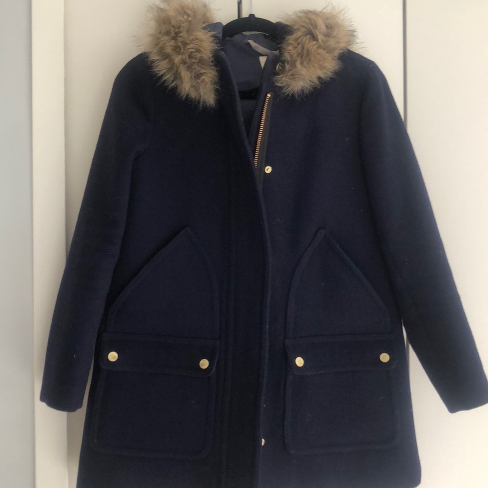 Navy J Crew coat with fur hood